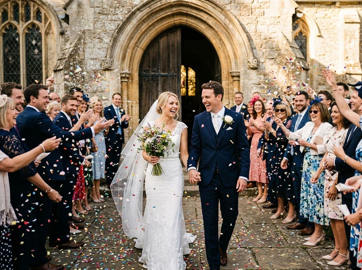 Bride and groom exit with confetti