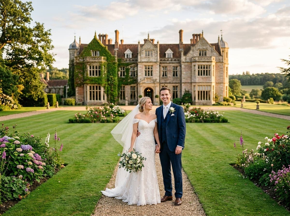 Bride and groom at manor house
