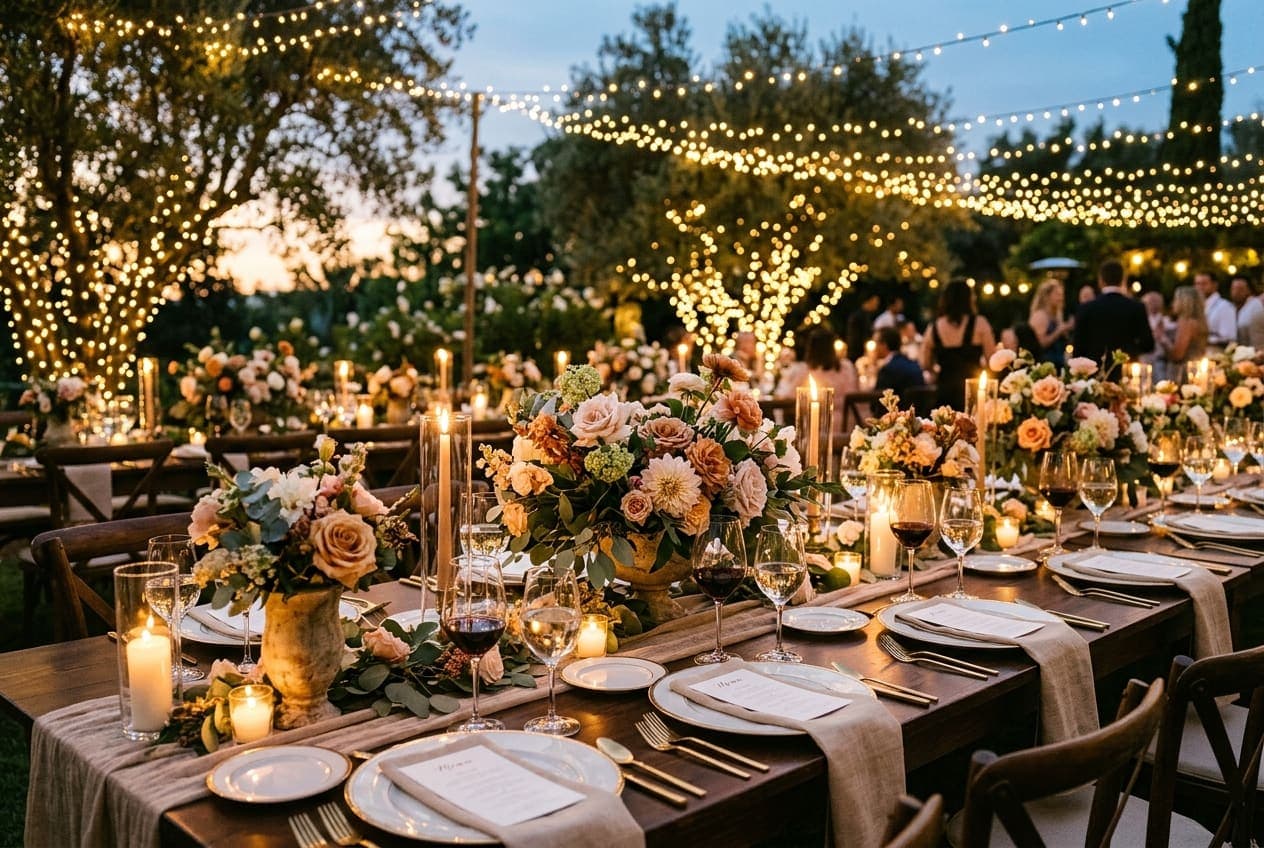 Wedding reception outdoor tables at dusk