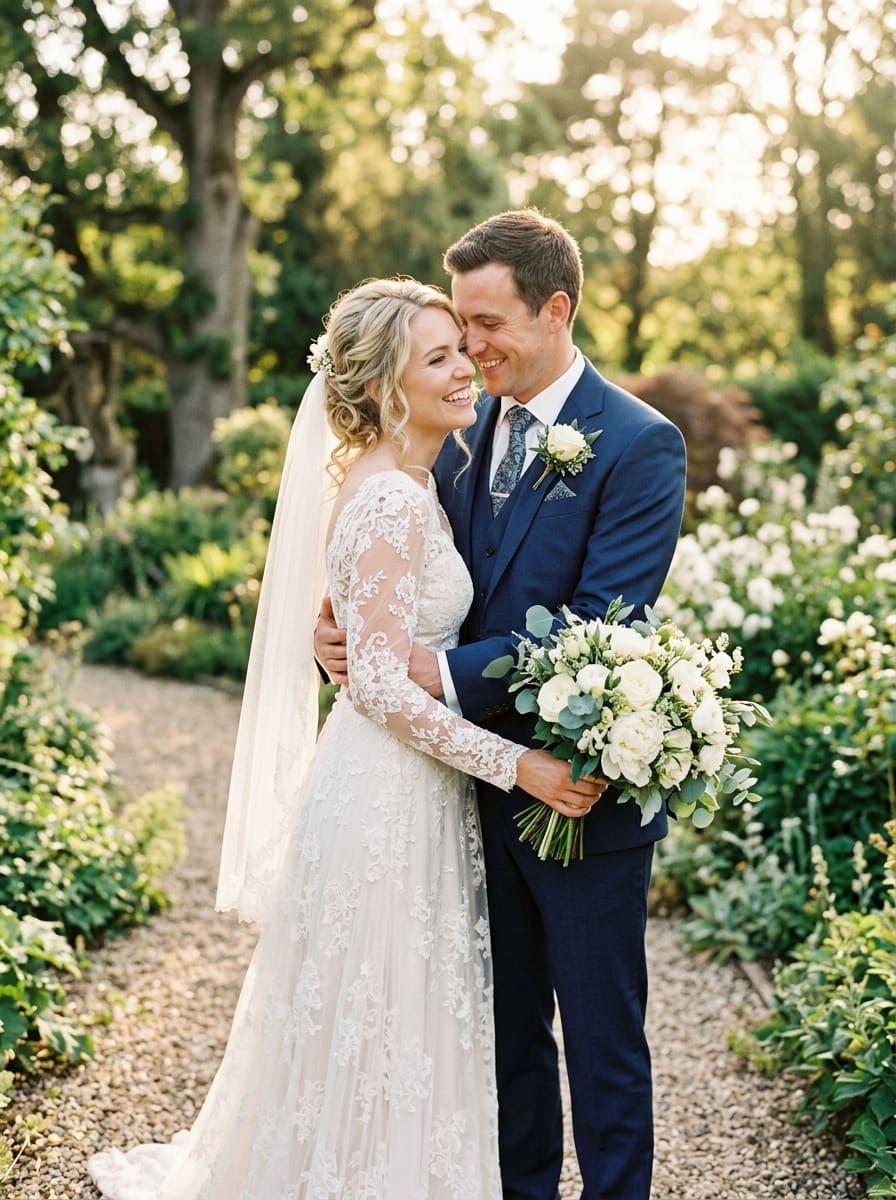 Bride and groom embracing